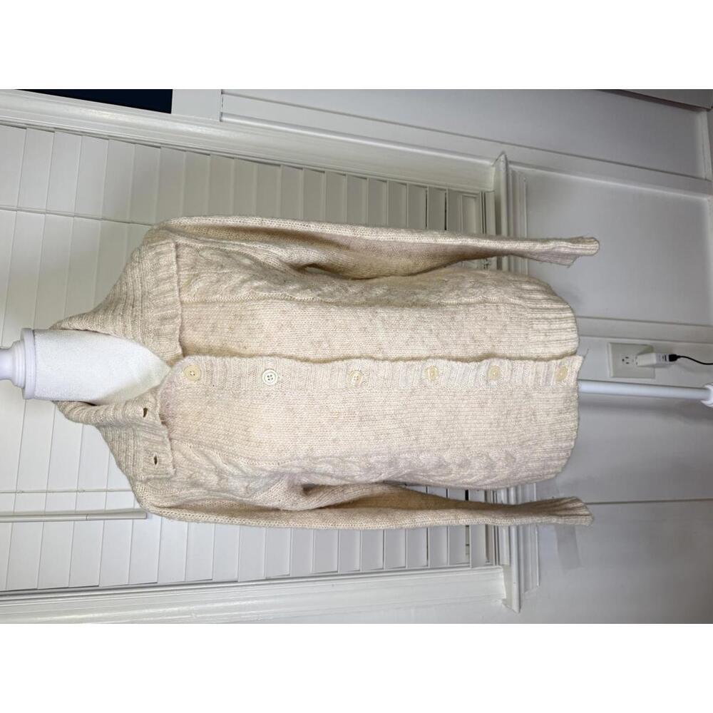 Women LL Bean Medium Beige Button-Up Knit Sweater with Cable Knit Collar
